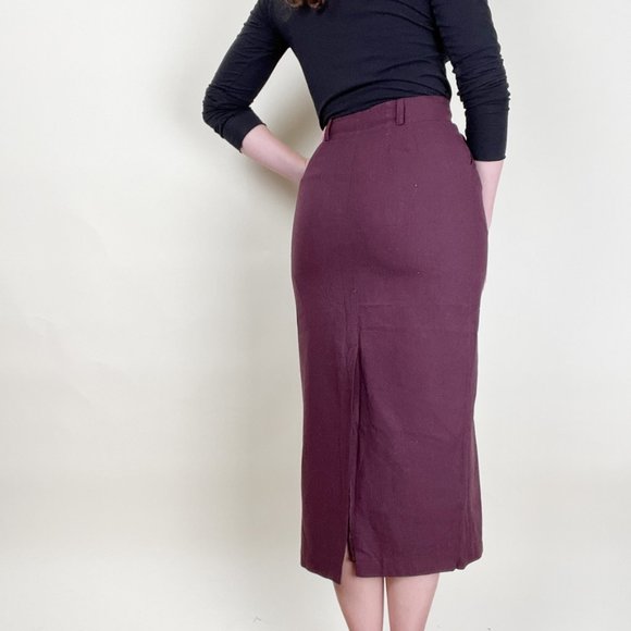 Vintage 100% Silk Midi Skirt Column Straight Cut Slit High Rise Waist Button Up - Picture 2 of 7